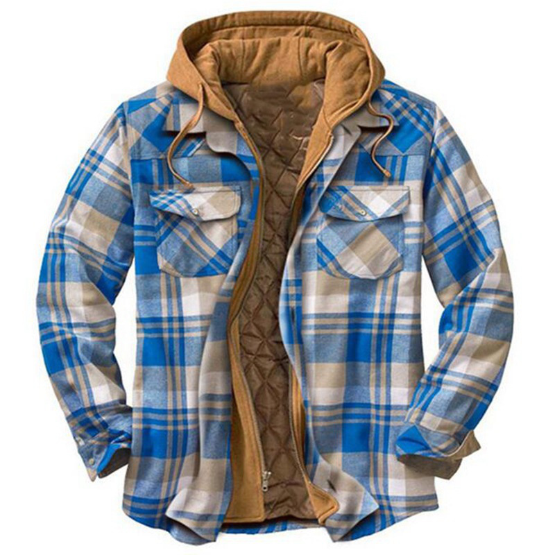 Amazon Hot Selling Men's European and American Classic Plaid Printed Cotton Clothes plus size Hooded Shirt Jacket SY0004