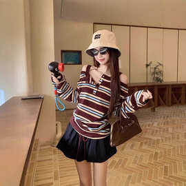 韩系撞色条纹拼接一字肩长袖T恤女2025秋季新款心机小众别致上衣