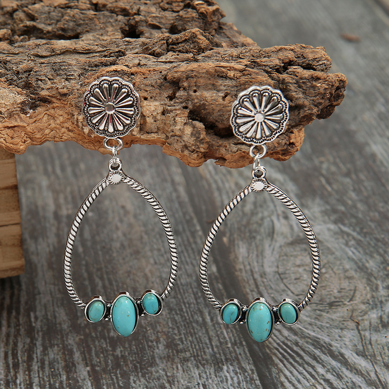 Ethnic Style Water Droplets Chrysanthemum Alloy Inlay Turquoise Women's Drop Earrings display picture 1