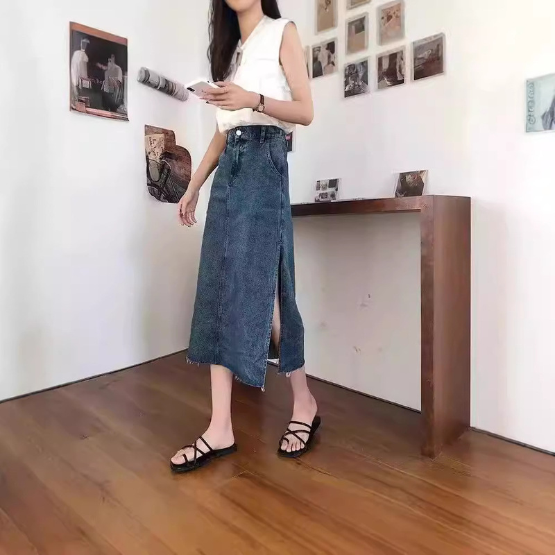 Summer Korean-style 2024 New A- line High Waist Slimming All-match Side Split Mid-length Denim Skirt for Women