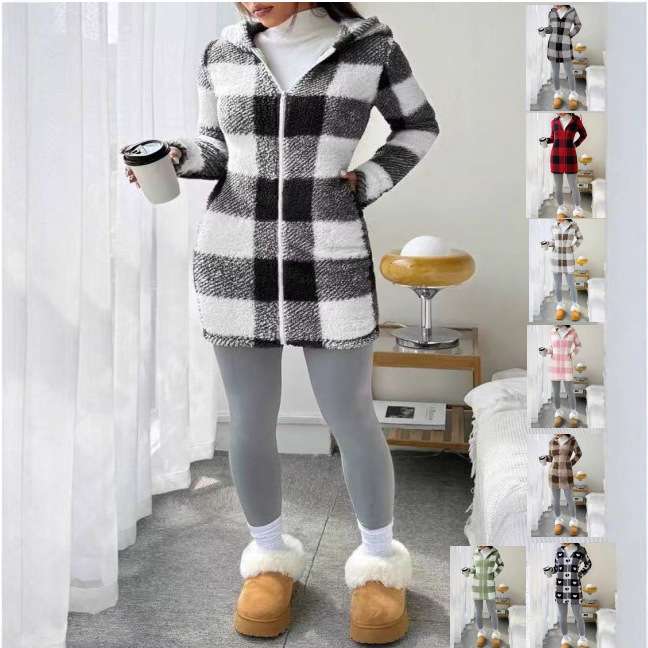European and American Cross-Border Popular Plaid Print Double-Sided Plush Zipper Cardigan Women's Autumn and Winter Long Plush Jacket Independent Station
