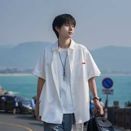 2025年新款短袖衬衫男潮牌潮流夏季日系复古纯色港风半袖衬衣外套