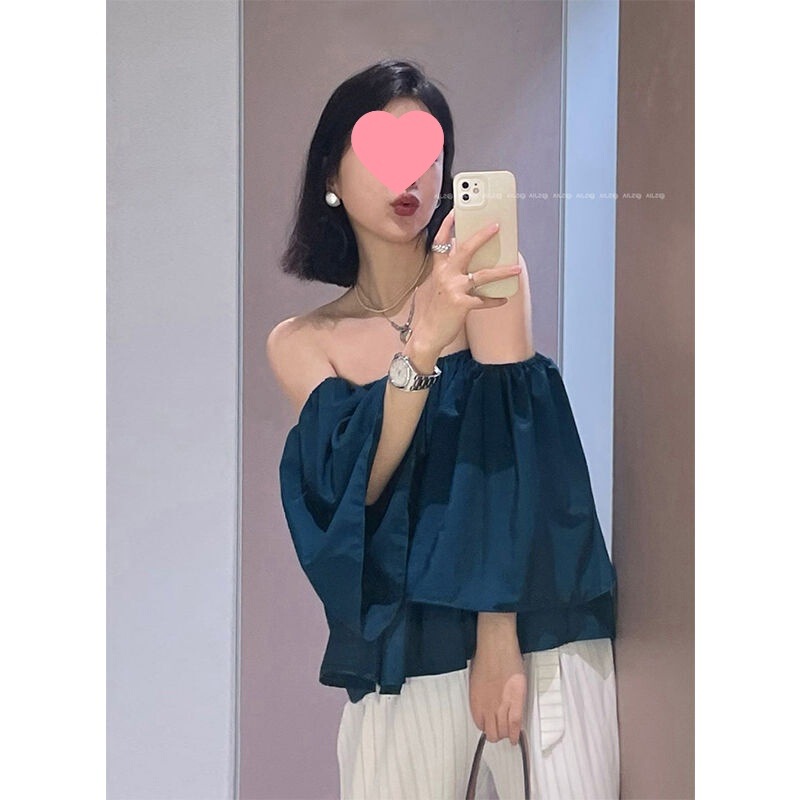 Lotus Leaf Sleeve Design Summer Vacation Style One-character Collar Shoulder Slim Shirt