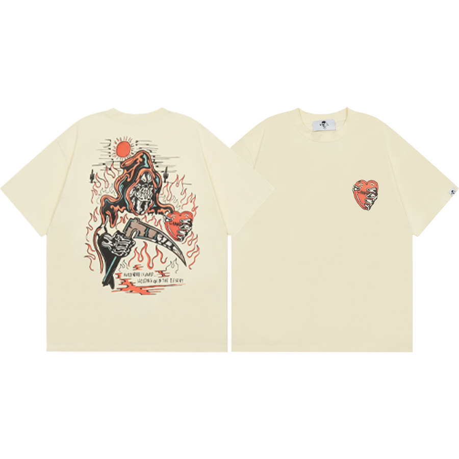 American WARREN LOTAS marca compartida con estampado de personaje de calavera masculina suelta cuello redondo camiseta de manga corta marca de moda