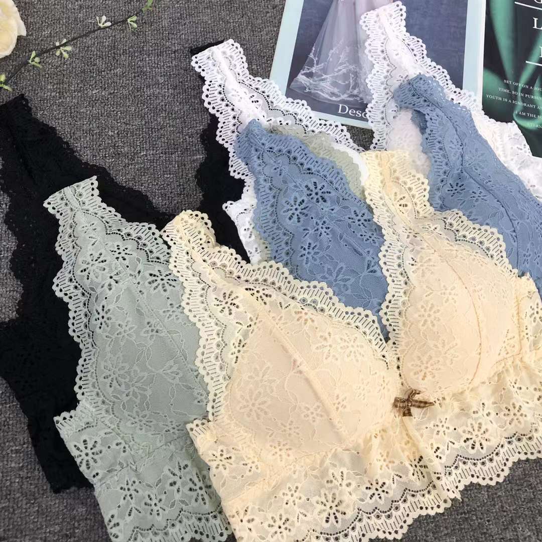Bra de encaje del sudeste asiático, ropa interior de mujer, bra de copa triangular francesa, verano sin anillo de acero, copa delgada, algodón sexy y cómodo para la piel