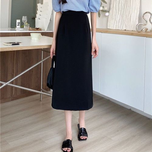 2024 Summer Plus Size Heavyset Women's Black High-Waisted Medium-Length Slit A-Line Skirt Bodycon Skirt