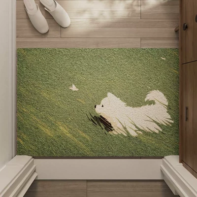 Avtomobil döşəmə paspasları, Grassland Small Animal Design Silk - little-white-dog-on-grass-4060cm-pvc-wire-loop