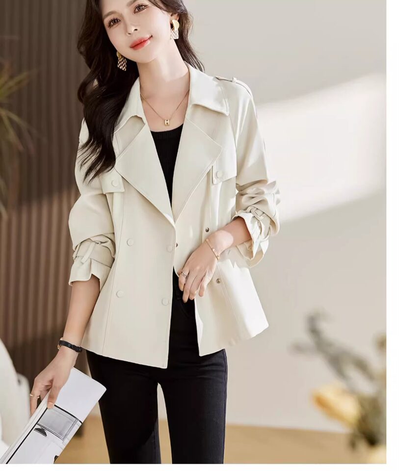 Áo khoác gió kaki nữ dáng ngắn có dây rút, dài tay, cổ lật — Khaki (có sẵn), Đen (Còn hàng) chi tiết 19