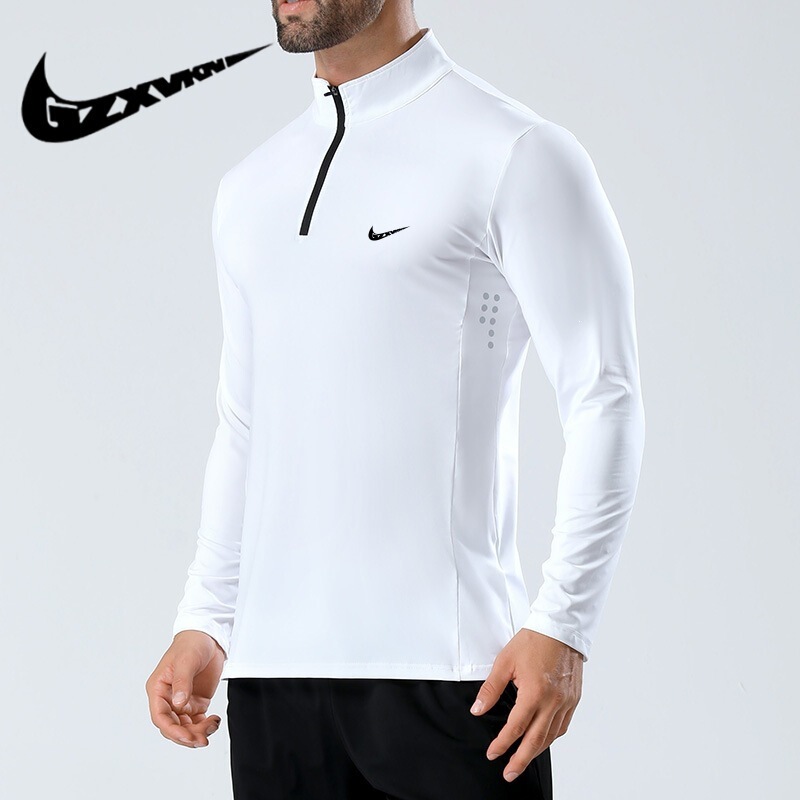 Cross-Border Men's Clothing Spring and Autumn Stand Collar Half-Zip Long-Sleeve T-Shirt Men's High-Stretch Compression Fitness Wear White Cross-Border Men's Clothing Spring and Autumn Stand Collar Half-Zip Long-Sleeve T-Shirt Men's High-Stretch Compression Fitness Wear White