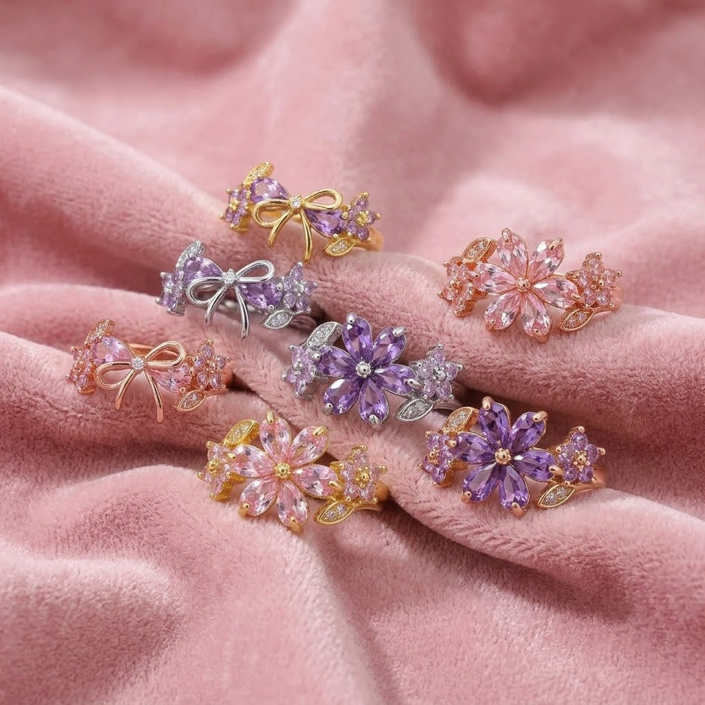 Cross-Border Ins-Style High-End Pink Zircon Flower Ring, Copper Plated with 18K Gold Purple Bow Open Ring