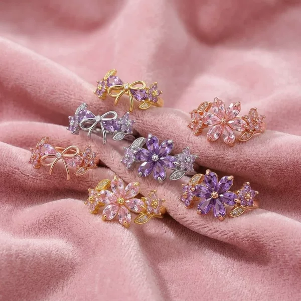 Cross-Border Ins-Style High-End Pink Zircon Flower Ring, Copper Plated with 18K Gold Purple Bow Open Ring