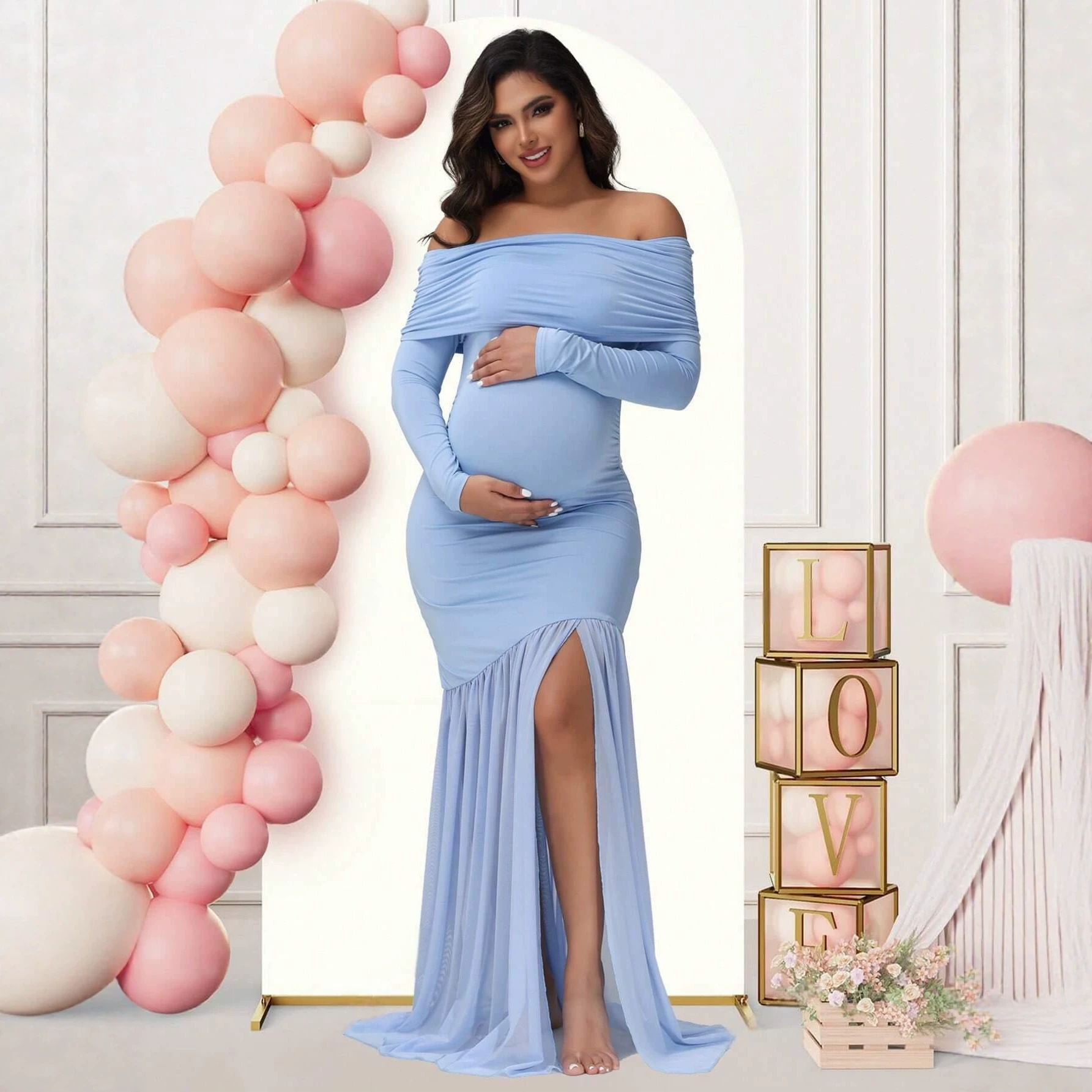 European and American Maternity Wear Long-Sleeved One-Shoulder Maternity Dress Elegant Slim Fit Hip-Covering Mesh Splicing Dress Maternity Dress