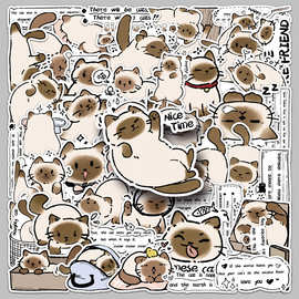 50张原创暹罗猫日常贴纸萌系DIY猫咪宠物防水笔记本手账咕卡贴画