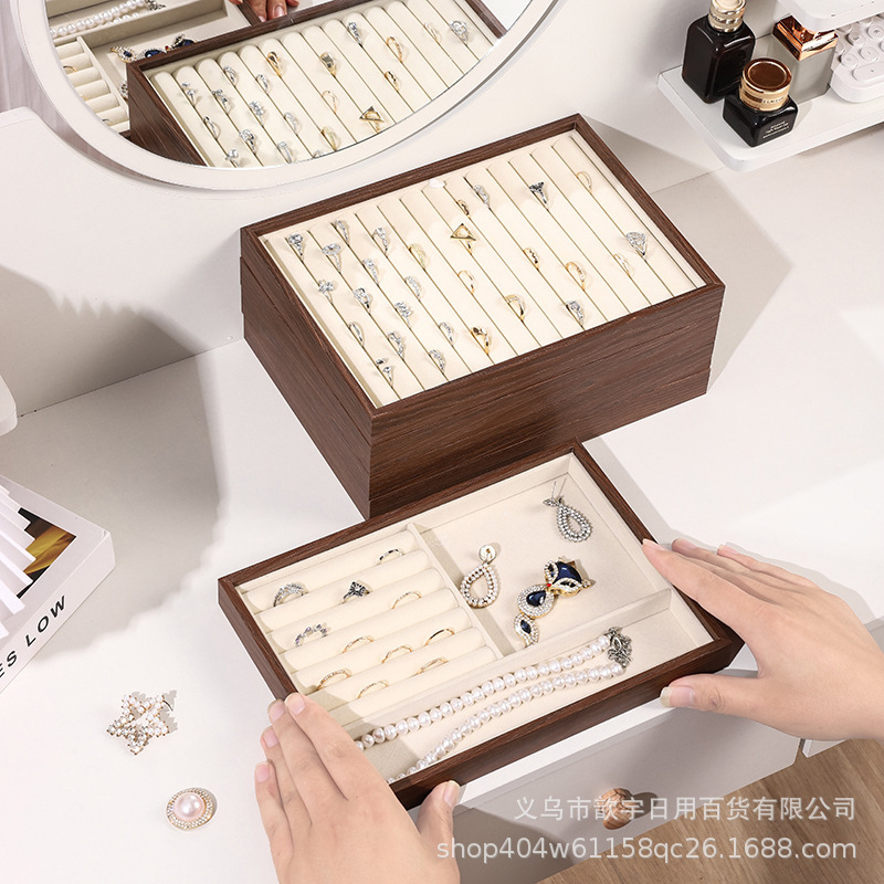 ジュエリーディスプレイトレイ、ベルベットリング、イヤリング、ネックレス、ブレスレット、ドレッシングテーブル引き出し、ウォールナット収納ボックス|undefined