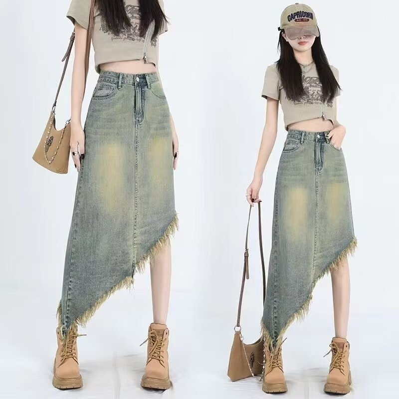 Summer Retro Tassel Denim Skirt for Women 2024 New A-Line Hip Skirt Mid-Length Asymmetrical Design