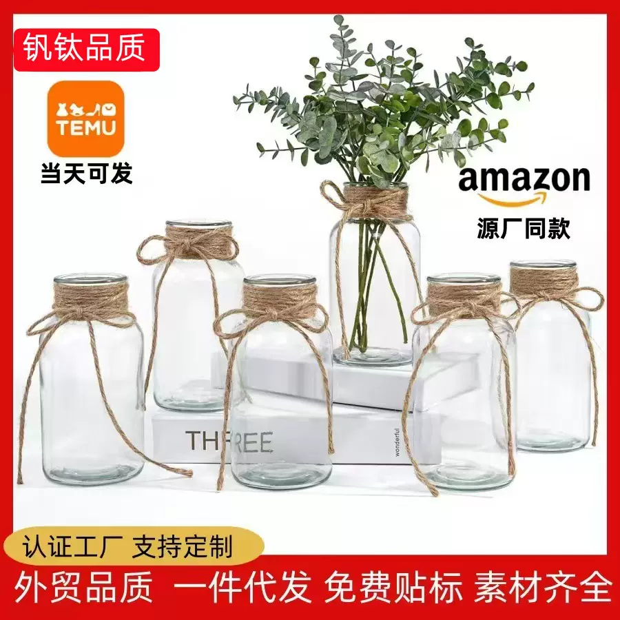亚马逊同款手工麻绳小花瓶 复古花卉玻璃花瓶透明小花瓶桌面摆件