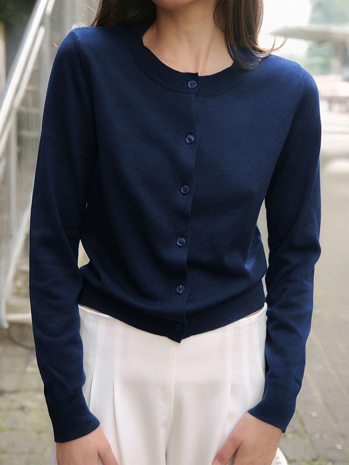 Áo cardigan dệt kim nữ cổ tròn tay dài mỏng nhẹ mặc trong — kaki, màu xanh hải quân chi tiết 4