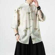 新中式男装夏季冰丝衬衣满身竹图案新国风汉服衬衫设计感短袖