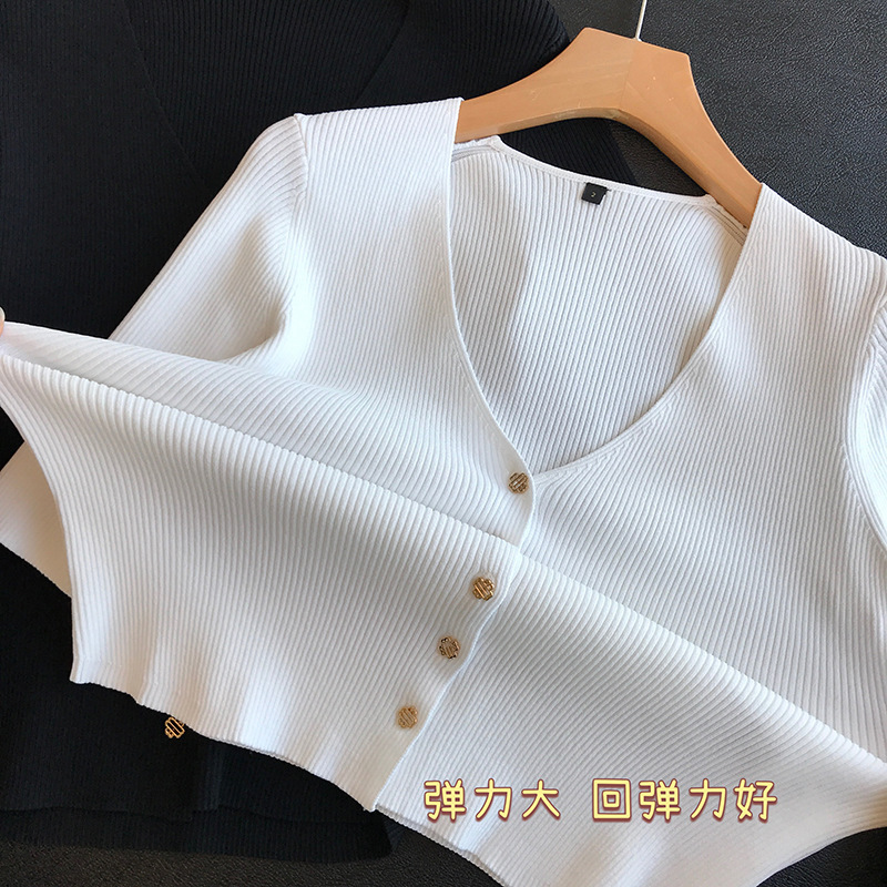 【Special Offer, No Returns or Exchanges】V-Neck Ribbed Ice Linen Comfortable Slimming Stylish Knit Cardigan Short-Sleeve T-Shirt for Women