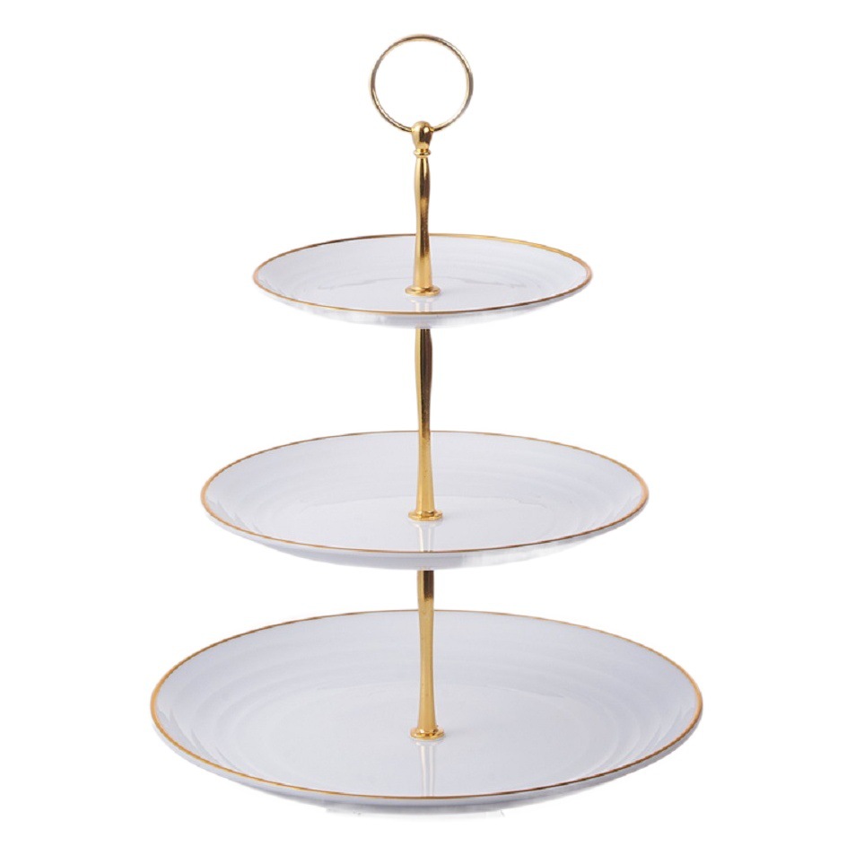 Anillo de 3 capas de estilo europeo engrosado barra de oro plato de fruta té de la tarde bandeja de postre soporte de exhibición mesa de postre soporte de la torta
