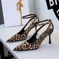 8718-A1 European and American style sexy leopard print high-end sense straight strap pointed shallow mouth fashionable silk thin follow-up shoes for women