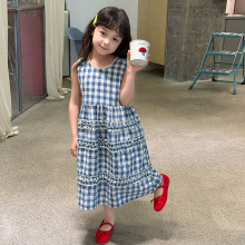 艾摩贝贝女童层次感花边复古格子背心裙夏儿童洋气长款无袖公主裙