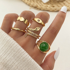 時尚個性潮流綠寶石蛇戒指5件套歐美熱銷復古百搭戒指套裝批發女