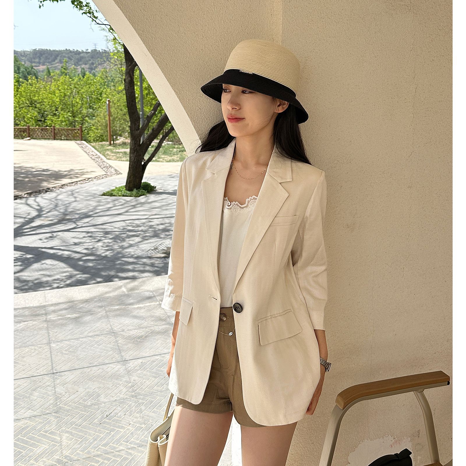 T Brand Luxury Light Cool Comfortable Tencel Linen Slim-Fit Cropped Sleeve Single-Button Blazer for Women