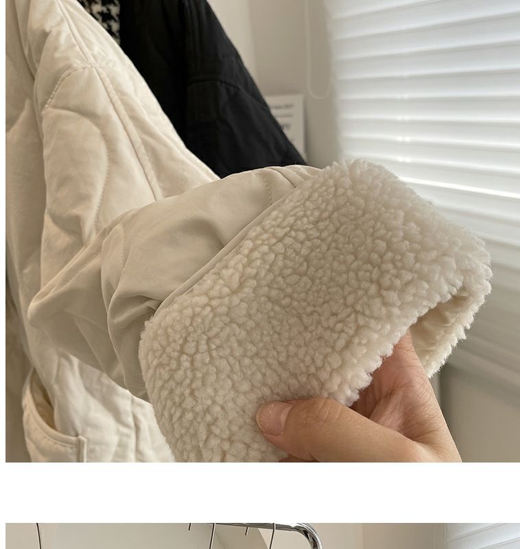 Collarless lamb wool splicing light and thin winter Korean version loose small fragrant dia plaid warm cotton jacket_voghion.com