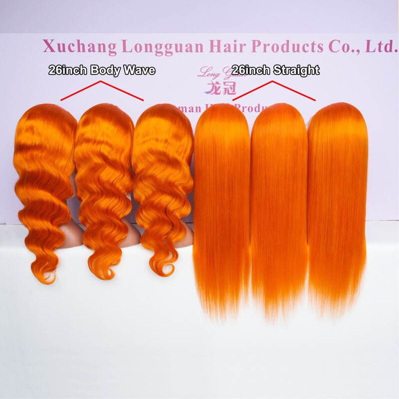 Factory Direct batch! Make sample real human hair Orange straight hair 13X4 front lace wig as required