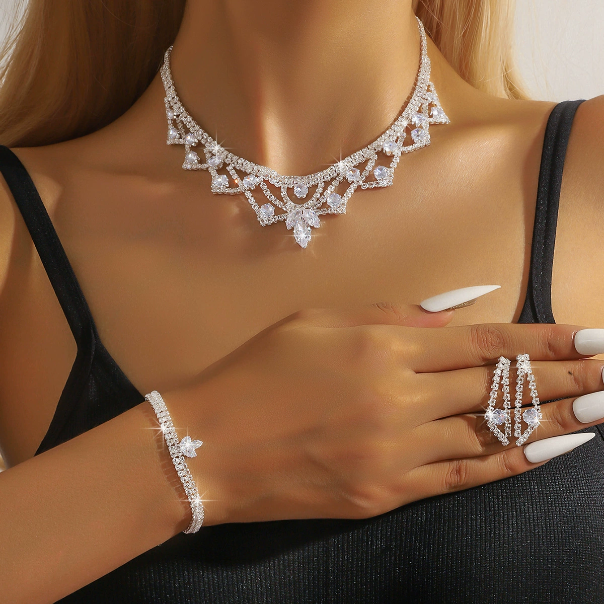 Fashionable zirconium, pendant, necklace and bracelet, set, dress, chain for key bag , for import, European style, diamond encrusted