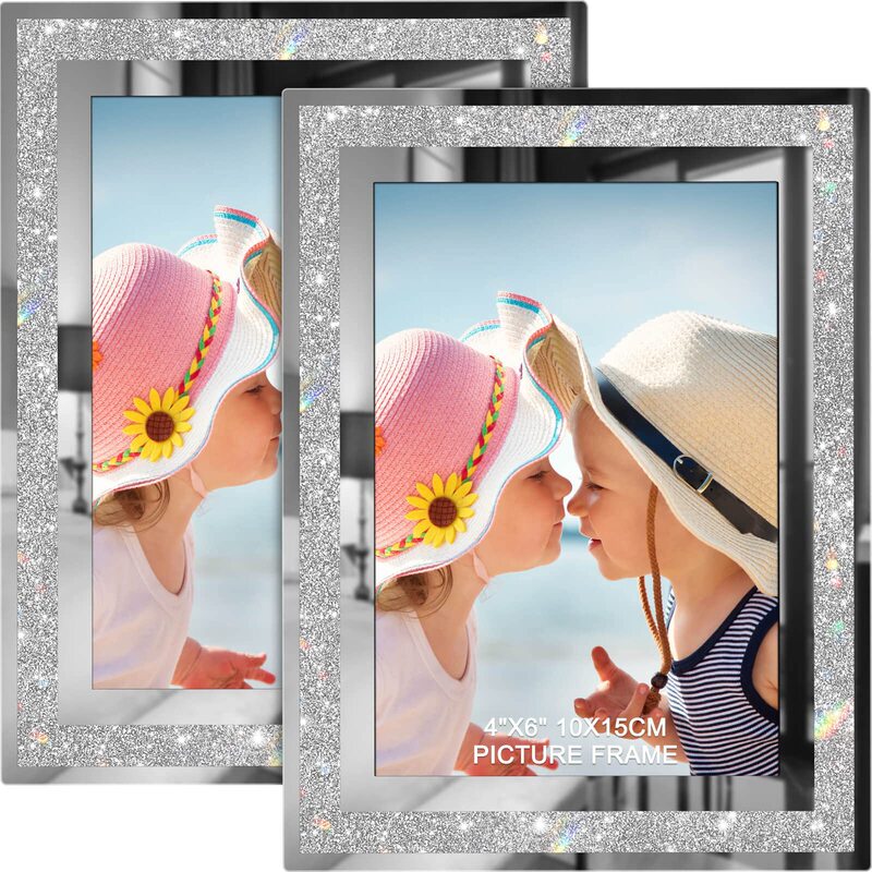 Amazon Hot Product Glitter Crystal Glass Rectangular Memorial Photo Frame Table Silver Powder Gold Powder Couple Photo Frame