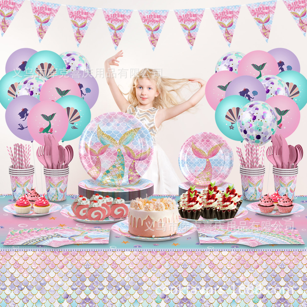 Nuevo tema de cola de pez sirena decoración de vajilla de fiesta fiesta de cumpleaños bandeja de papel taza de papel juego de decoración de globos