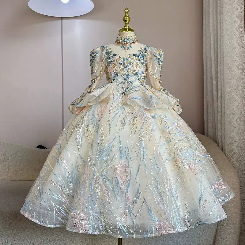 女童礼服高端小众长袖蓬蓬纱公主裙主持人走秀高级感钢琴表演出服