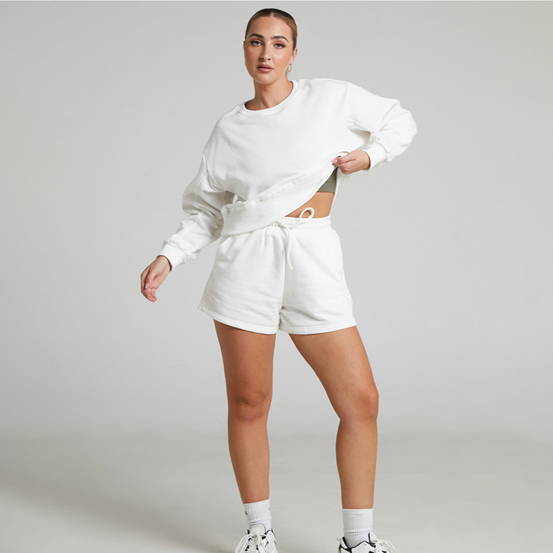 Solid Color Long Sleeve Sweaters Women Clothing Short Two-Piece Casual Shorts Suit