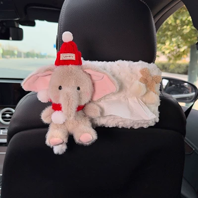 Cartoon Elephant Car Tissue Box, Car tissue box/set - l-red-hat-red-scarf-fur-ball-knot-gray-elephant-chair-back-fur-tissue-bag