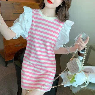 假两件条纹T恤裙子女夏季2025新款法式纯欲风荷叶边设计 感连衣裙