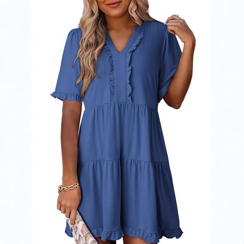 Ruffled dress Short-sleeved V-neck Layered Large Skirt Women's Spring and Summer 2025 New Amazon Europe and America