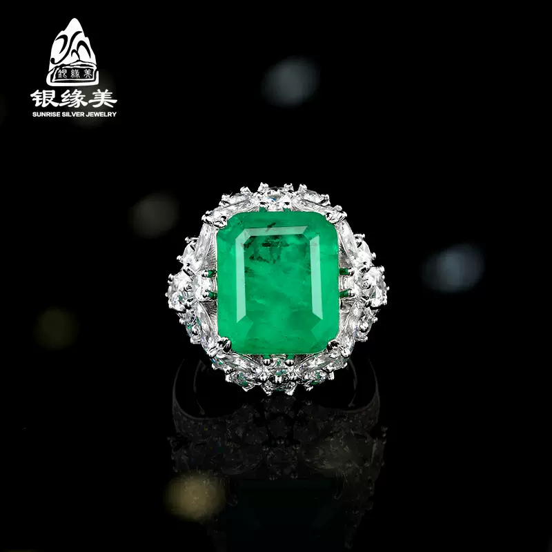 银缘美 S925纯银复古方钻仿祖母绿戒指时尚个性欧美重工戒指指环