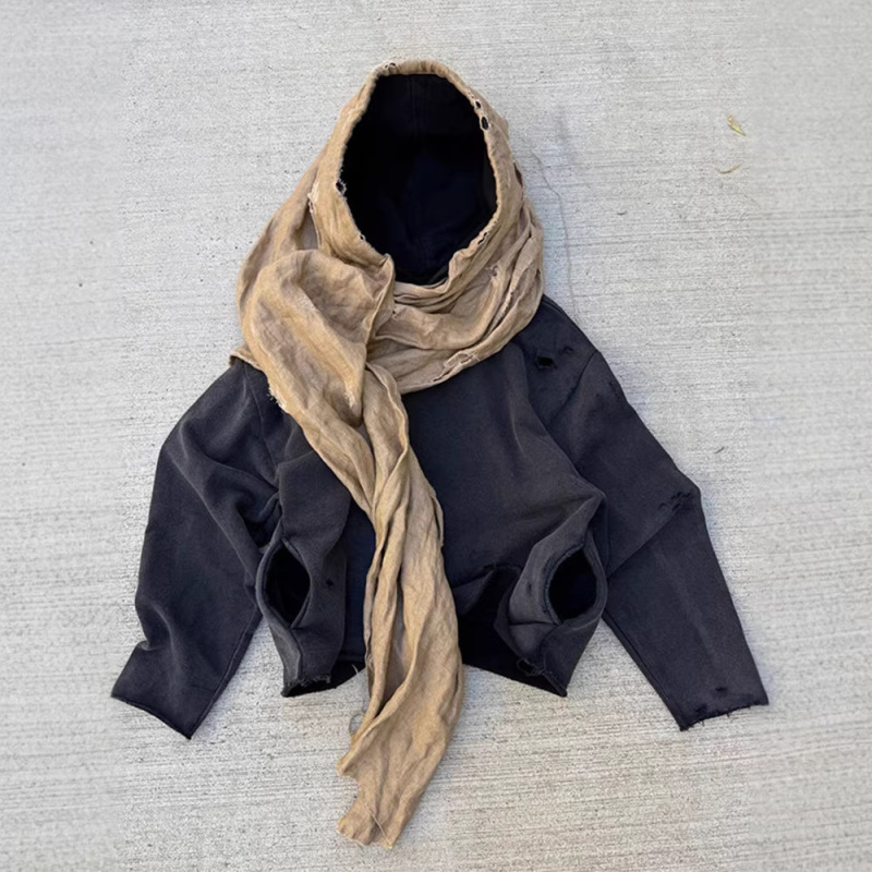 Creative and Fashionable Faux Headscarf Decoration Solid Color Pullover Autumn and Winter American-Style Vintage Long-Sleeve Hoodie Sweatshirt for Men and Women
