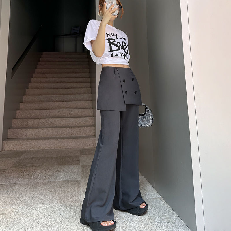 灰色微喇叭瑜伽裤子女秋季新款设计感假两件屁帘长裤修身马蹄裤裙|undefined