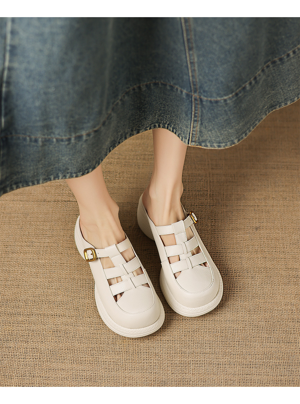 Sandal cao gót nữ mũi hở đế dày da cừu kiểu dệt lỗ — màu trắng ngà chi tiết 6