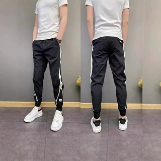夏季新款条纹休闲裤拼接男士束脚裤潮流韩版修身抽绳小脚长裤