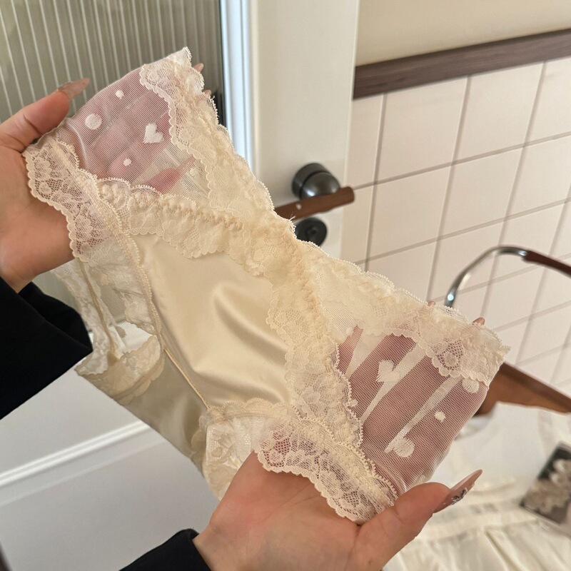 French Style Lace Underwear Women's Sexy Lace Stitching Love Mesh Translucent Girl's Pure Desire Lace Briefs