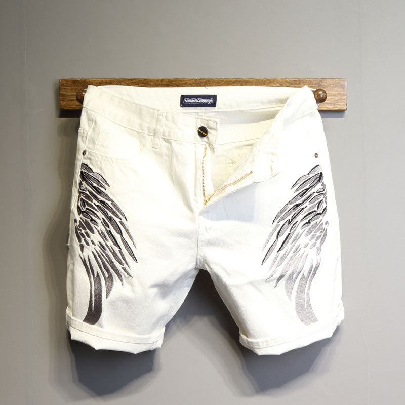 Dongdaemun Distinctive Angel Wings Embroidered Slim-fit White Denim Shorts All-match Fashion Pants for Young Men