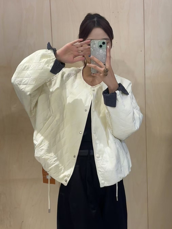 格子拼接袖口菱形格棉衣短外套女2025秋季新款宽松显瘦棒球服夹克|undefined