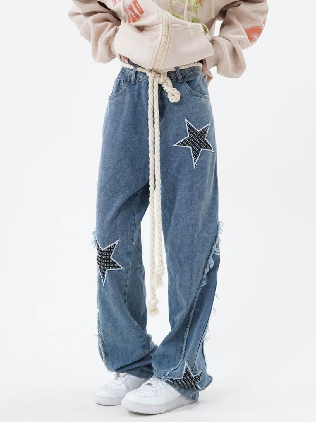 High Street Flared Ripped Light Blue Jeans Couple Loose Patchwork Casual Pants Men Hip Hop 2025 Trend_viptrois.com