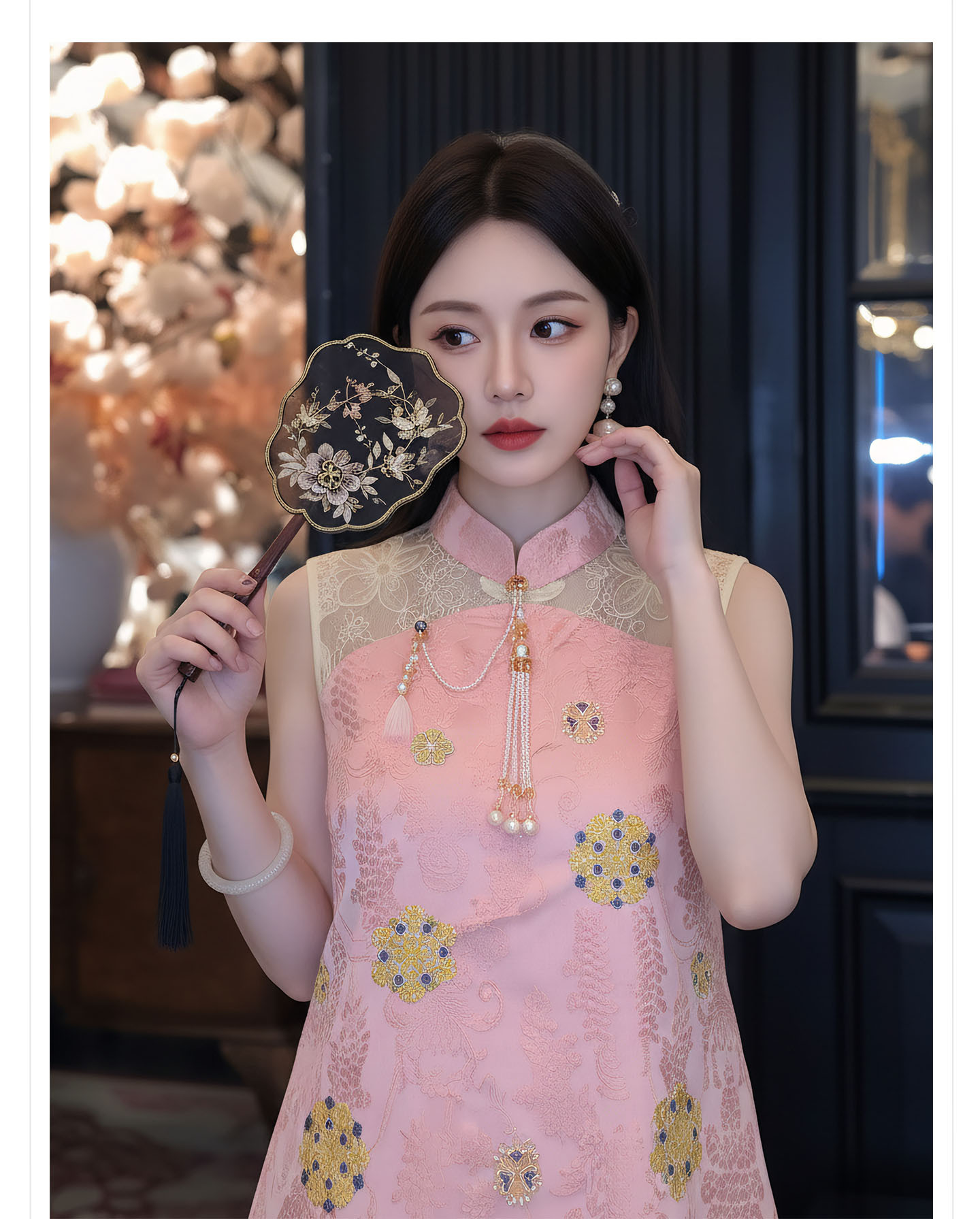 Bộ đầm vest không tay cổ đứng thêu hoa kết hợp chân váy ren phong cách Tân Trung Hoa — bộ đồ, nửa váy, Trang chủ chi tiết 3