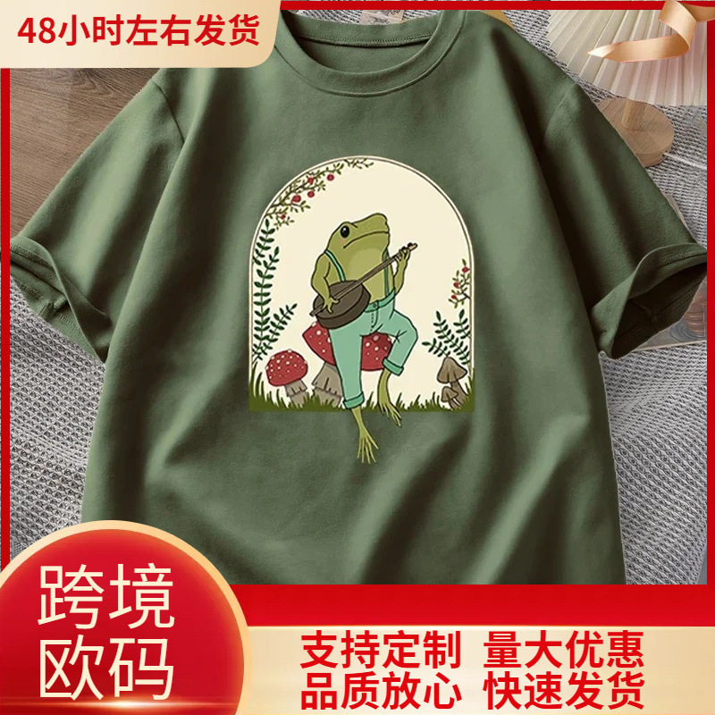Cute Cottagecore T-Shirt Aesthetic Frog Playing Banjo Mushroom T-Shirt Men's Summer Cotton Short Sleeve