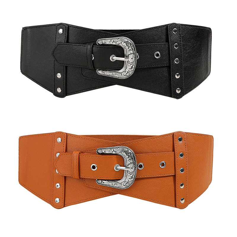 Snidad spänne lång kjolbälte kvinnors kjol elastiskt brett bälte retro snidad nit elastisk midjetätning_voghion.com